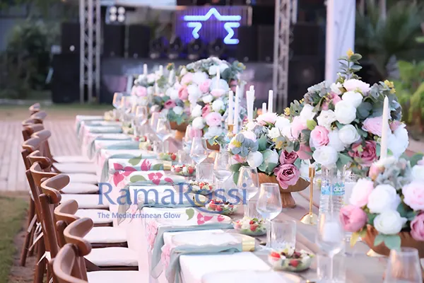Reception table setup in Larena beach Antalya grean area