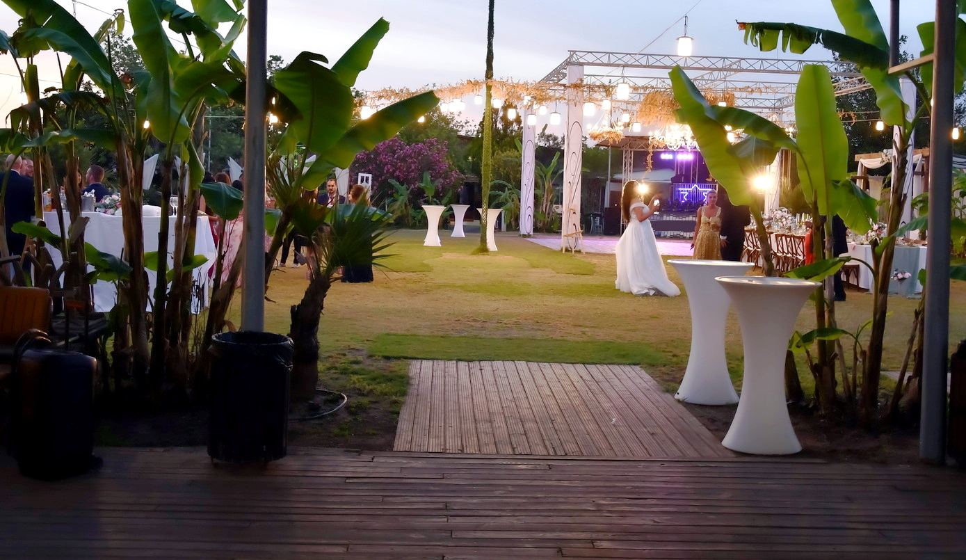 An evening celebration in the garden by the sea