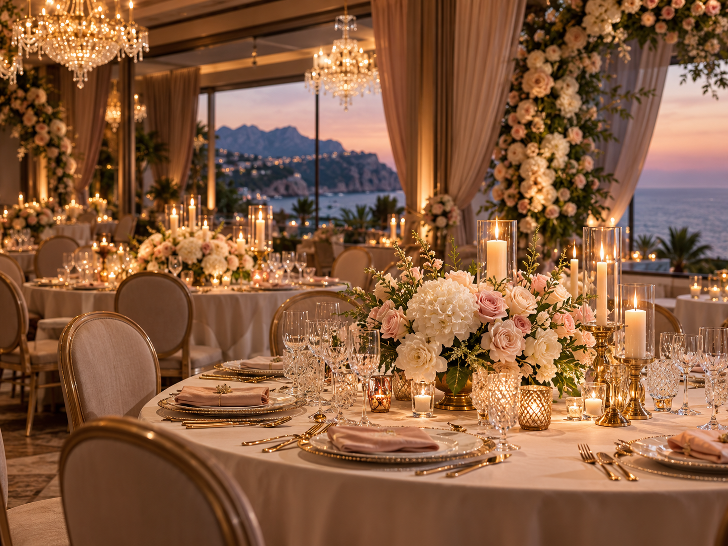 Illustrative luxury anniversary party reception in Antalya with an elegant banquet setting, floral arrangements, candlelight and Mediterranean sea views