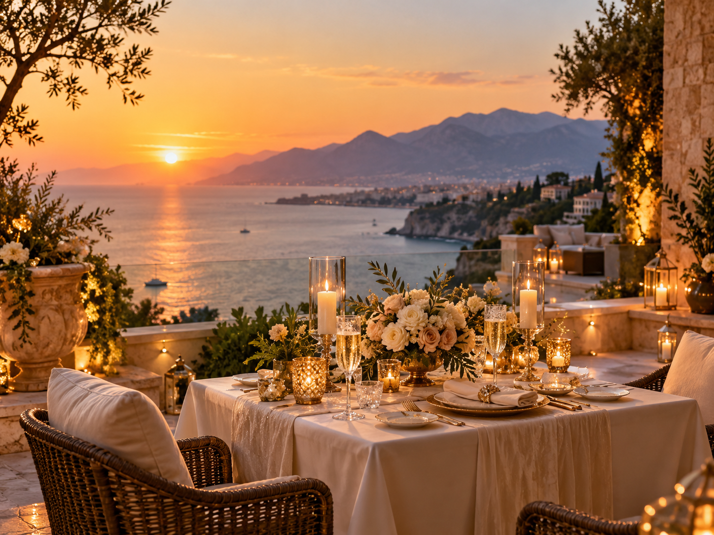 Illustrative anniversary surprise dinner on an Antalya coastal terrace at sunset with roses, candles, elegant place settings and sea views