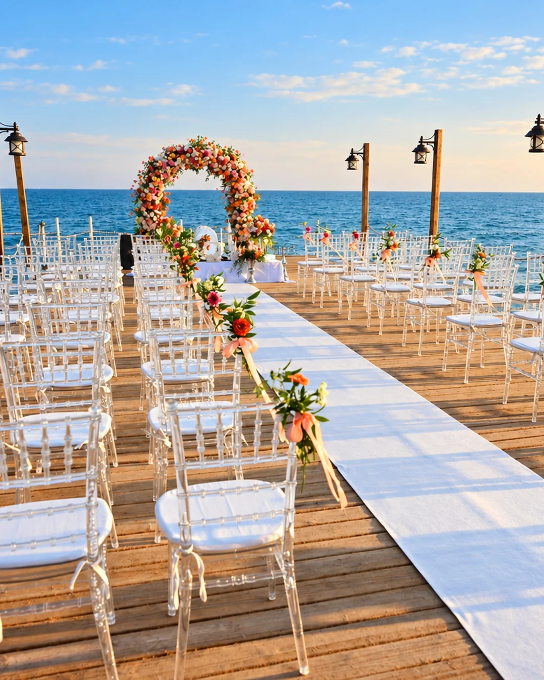 Wedding ceremony aisle on a wooden pier beside the sea in Antalya with clear chairs and colourful flower arch
