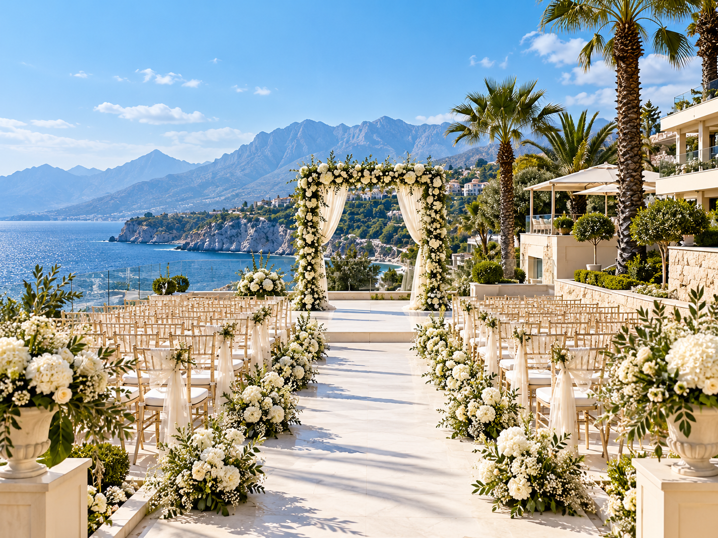 Illustrative Antalya-style resort wedding ceremony with floral aisle and seaside view