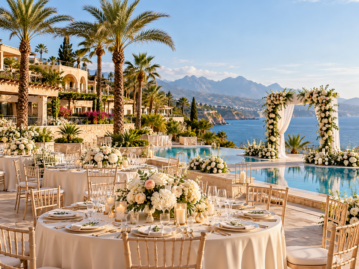 Illustrative Antalya-style seaside resort wedding reception with elegant banquet tables