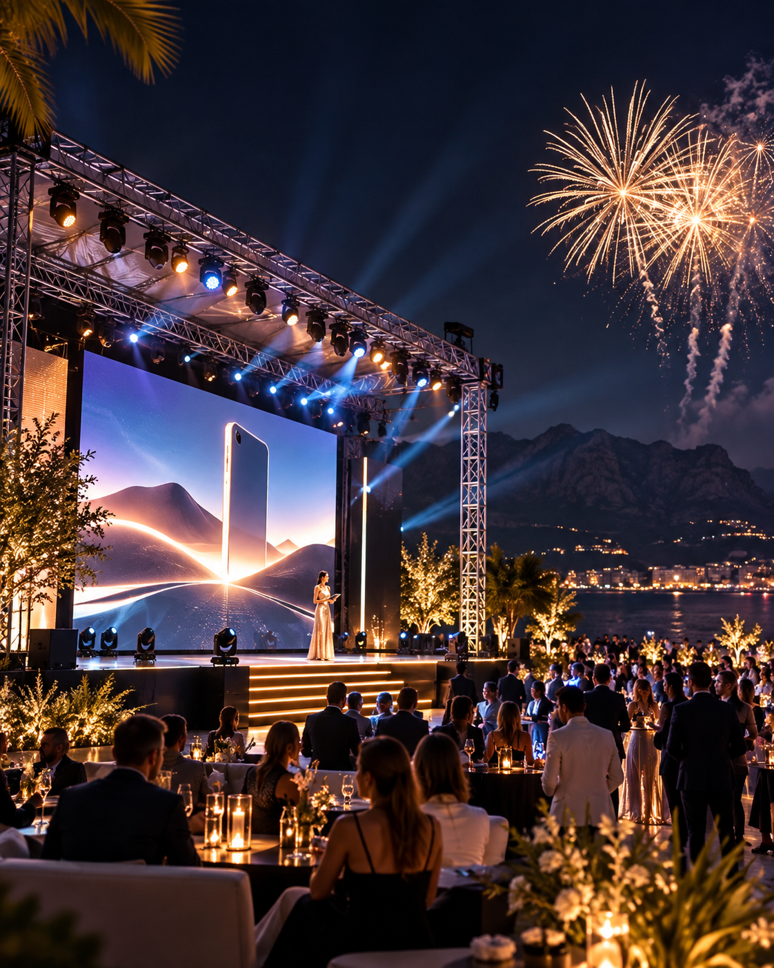 Illustrative concept of an outdoor luxury product launch event with stage, guests and fireworks