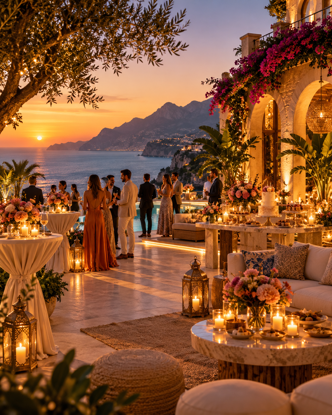 Illustrative luxury private party at an Antalya coastal villa, with guests mingling at sunset, cocktail tables, florals and lounge seating