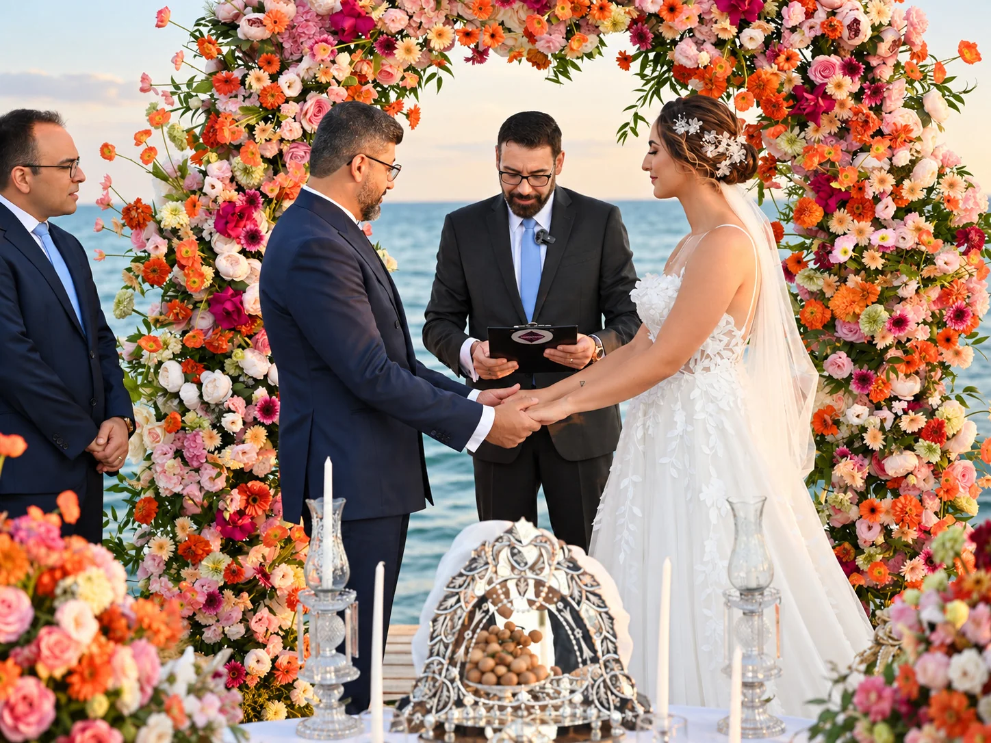 Couple holding hands during a seaside wedding ceremony beneath a colourful floral arch in Antalya