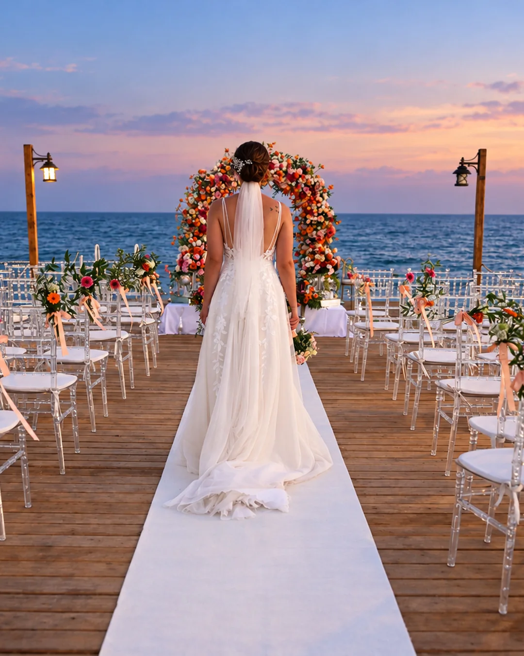 Bride on a seaside wedding aisle at sunset in Antalya, overlooking a floral ceremony arch