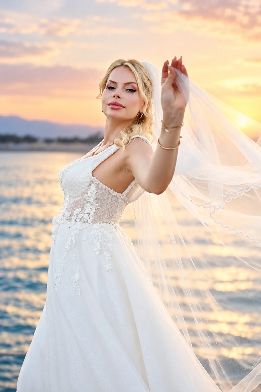 Bride holding a pink-and-white bouquet in her wedding gown during a golden-hour portrait beside the sea.