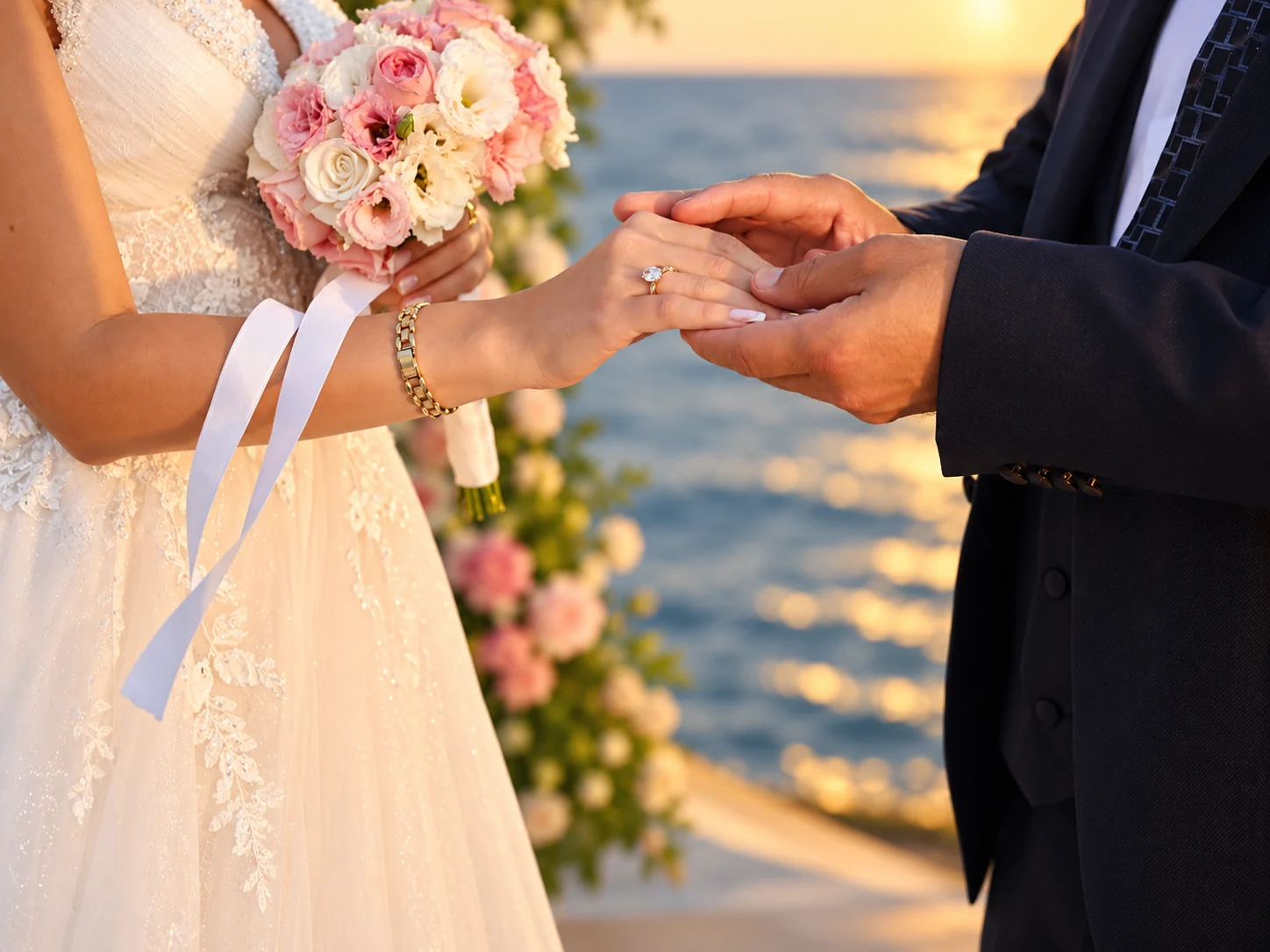 Close-up of a groom holding the bride's hand during a ring exchange, beside a pink-and-white bridal bouquet with the sea behind.