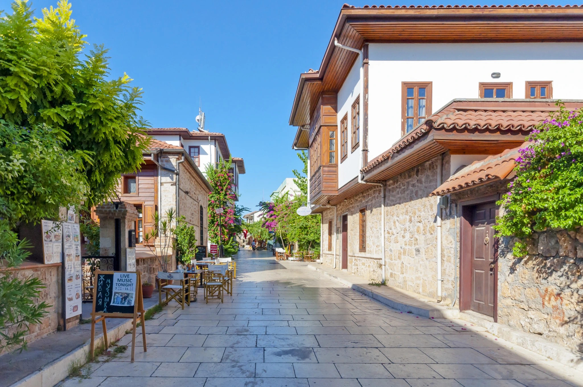 Historic stone street in Antalya's Kaleiçi Old Town.