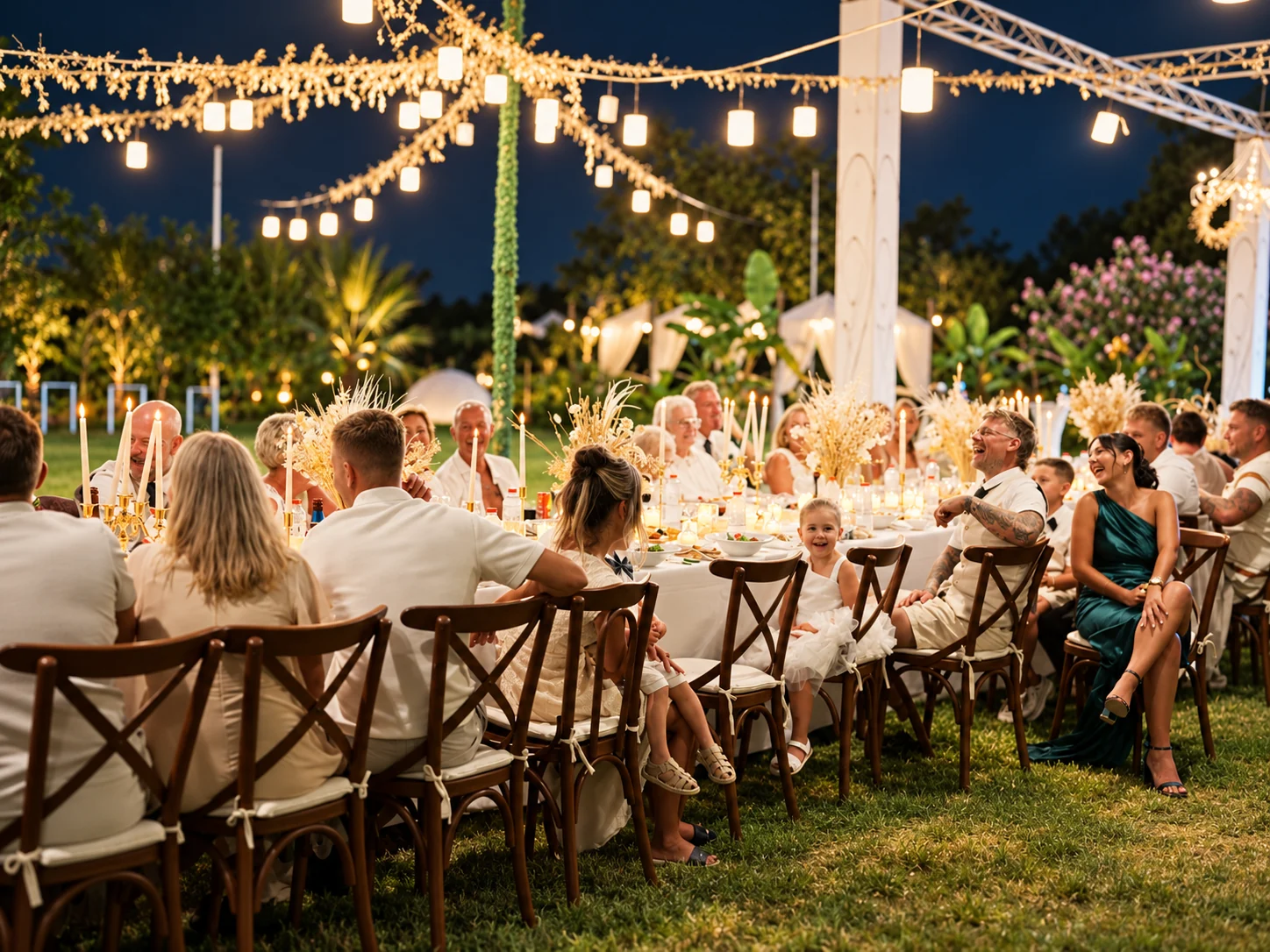Guests at a candlelit outdoor wedding reception beneath hanging lights and greenery in Antalya.