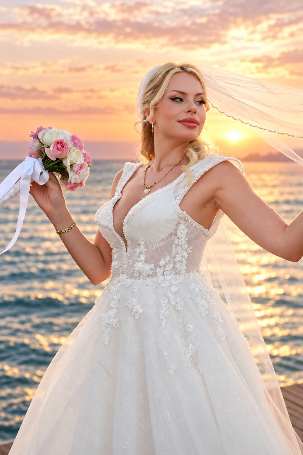 Bride in a white wedding gown lifting her flowing veil beside the Mediterranean Sea in golden-hour light.