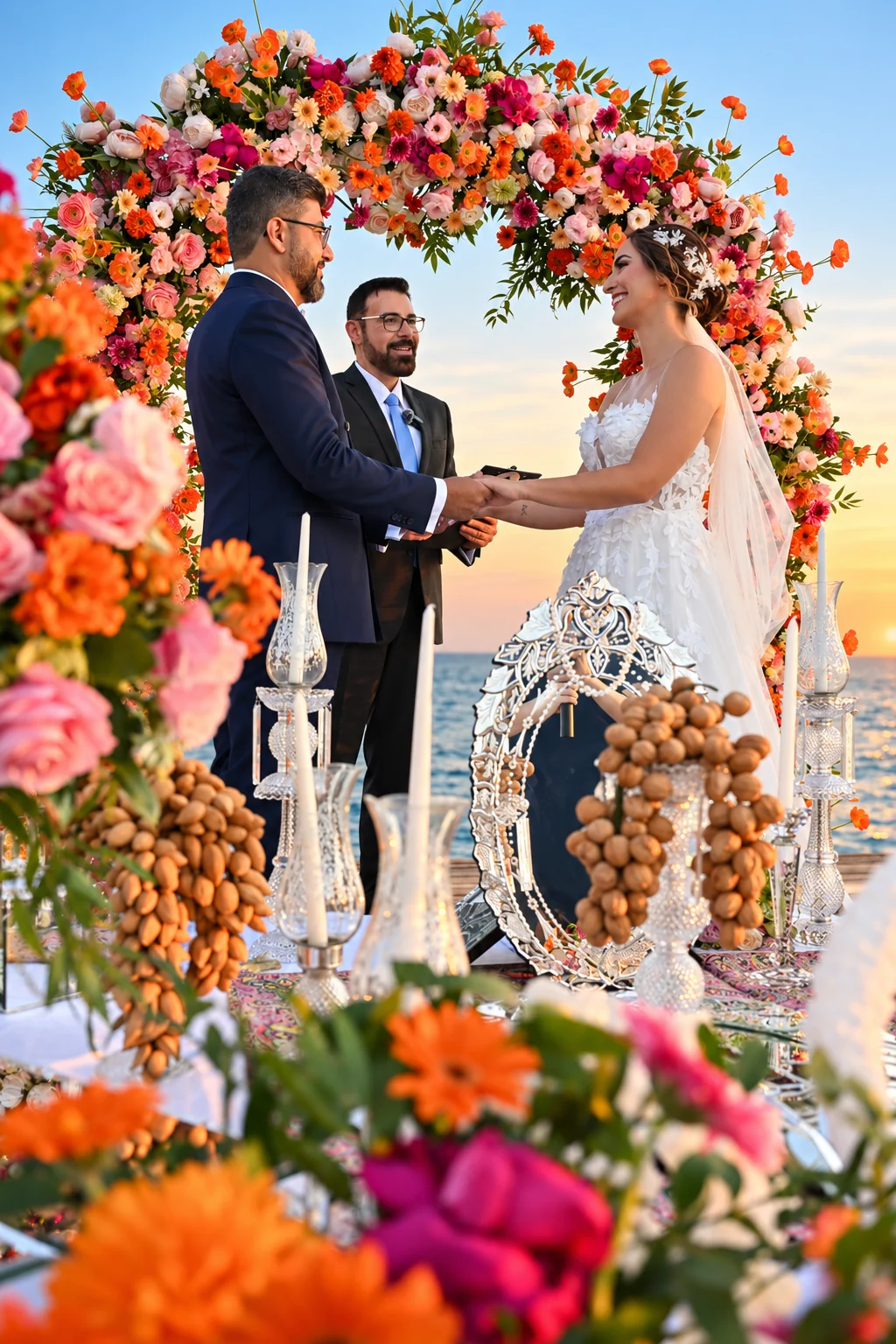 Bride and groom holding hands beneath a colourful floral arch at a seaside ceremony, with an officiant between them.