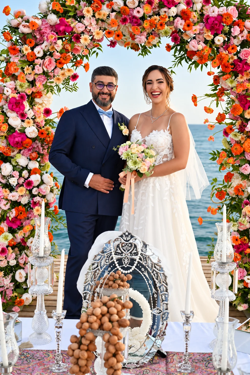 A couple at their seaside wedding beneath a colourful floral arch on the Antalya coast.