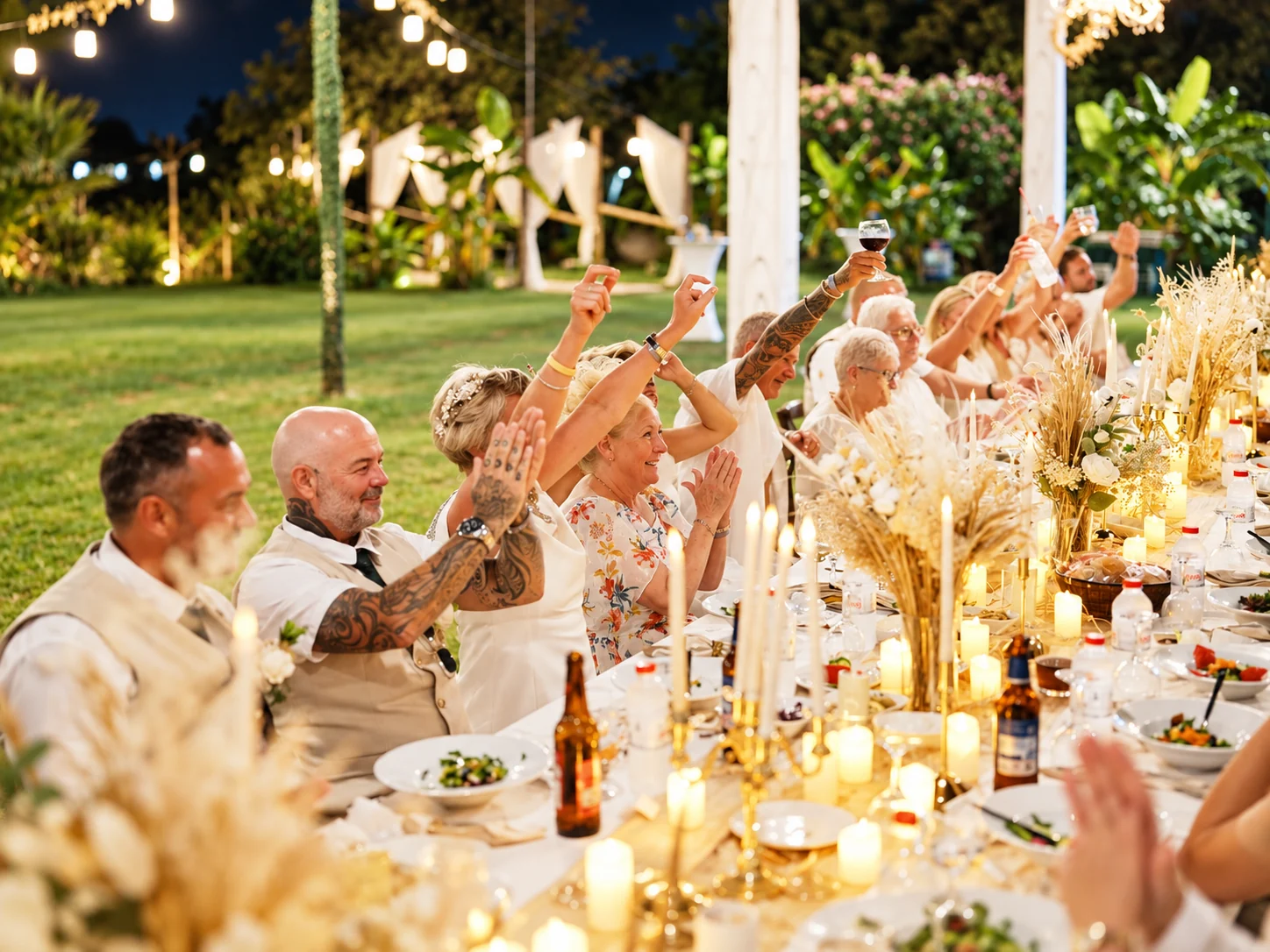 Guests celebrating at a wedding reception with candles and floral arrangements in Antalya.