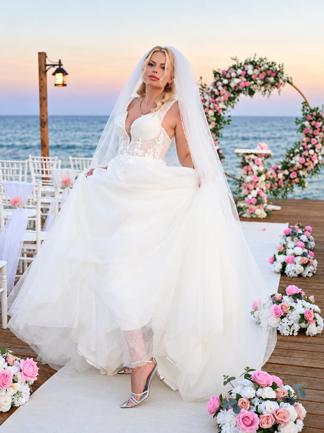 Bride in a white wedding dress and long veil standing on a flower-lined seaside ceremony aisle in Antalya.