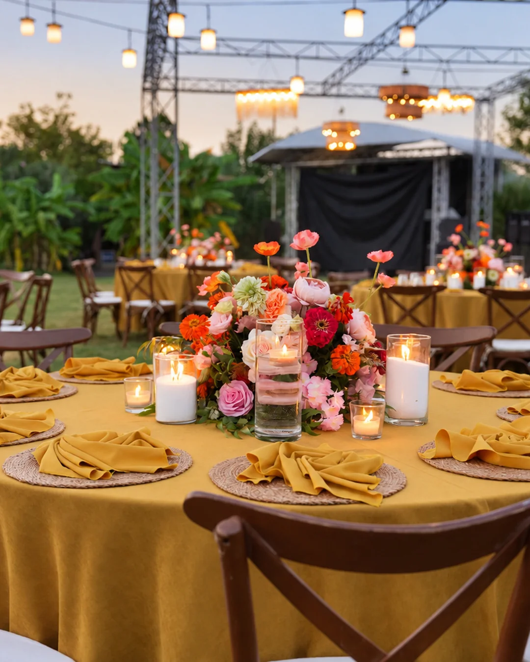 Garden wedding reception table in Antalya with golden linen, colourful floral centrepiece and candles