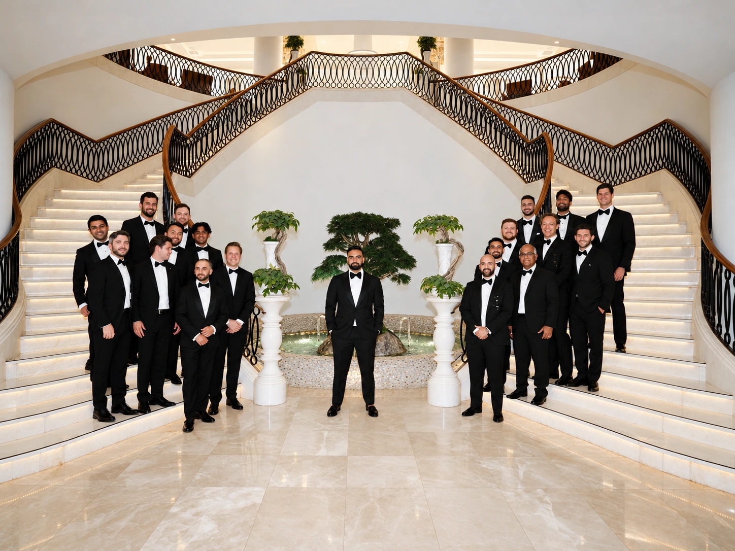 Formal wedding-party attire in a grand staircase setting, with men wearing dark tailored suits