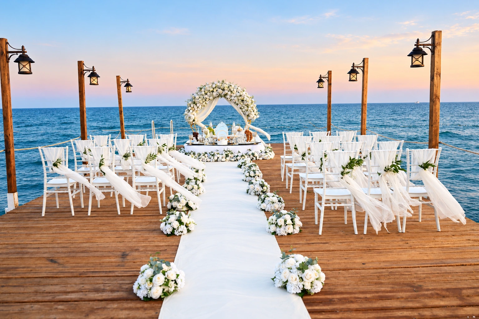 Seaside wedding ceremony aisle at sunset with floral arrangements and seating.